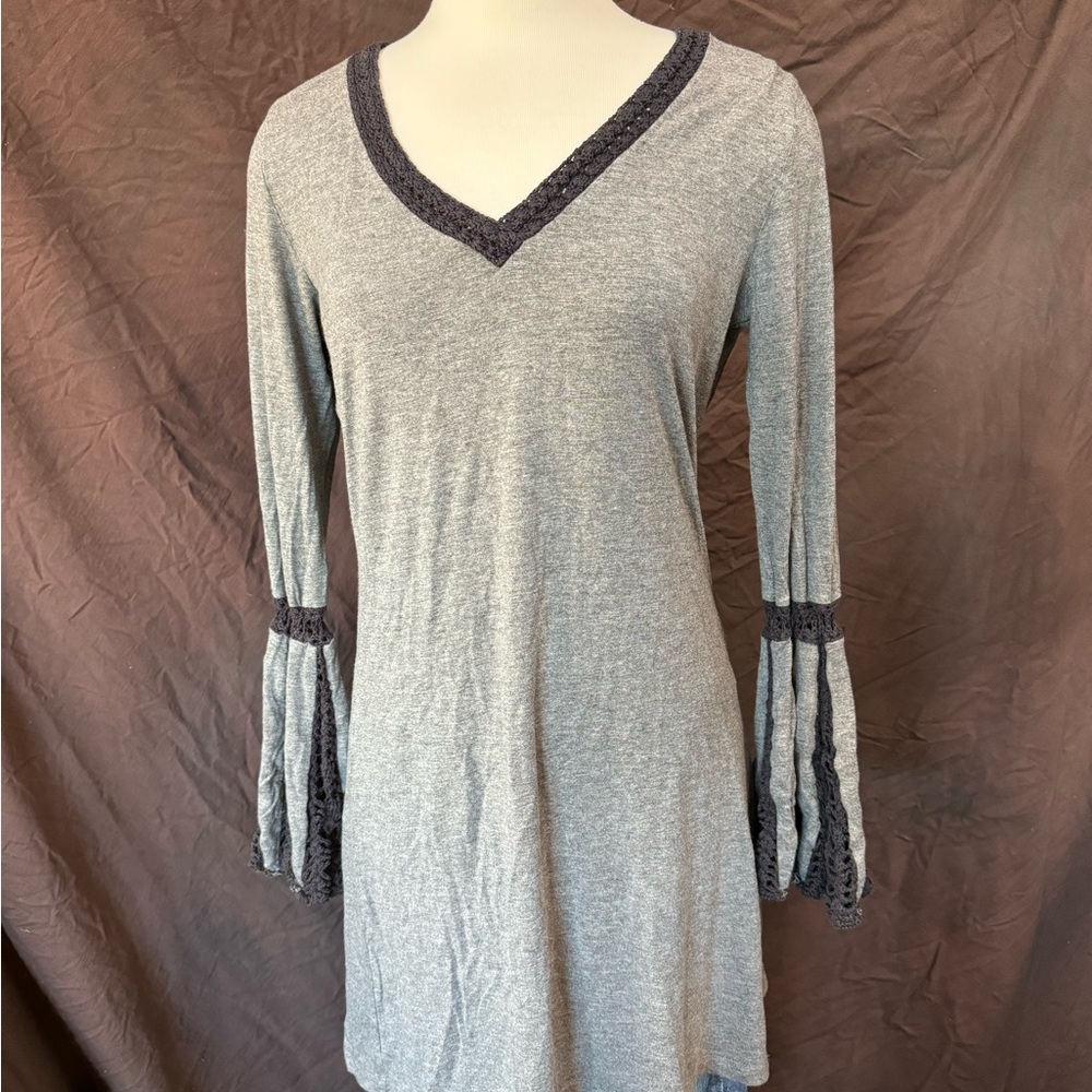 Gray V-Neck Tunic with Lace Trim